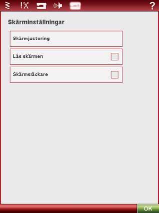 SKÄRMINSTÄLLNINGAR Skärmjustering När man trycker på ikonerna på skärmen kan den behöva kalibreras för eventuella justeringar. Tryck på ikonen om du vill kalibrera pekskärmen.