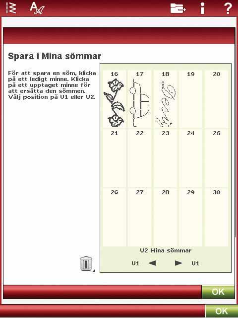 SPARA ETT SÖMPROGRAM Om sömnadsläge är aktiverat kan du spara ett sömprogram i Mina ler. Om broderläge är aktiverat laddas sömprogrammet i redigera broderi och kan därefter sparas som ett broderi.