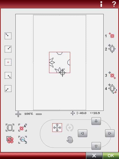 ANVÄNDA DESIGN POSITIONING Sy broderi DR_053.vp3 i en stor broderbåge. Tryck på X när broderiet är färdigsytt för att behålla motivet på skärmen.