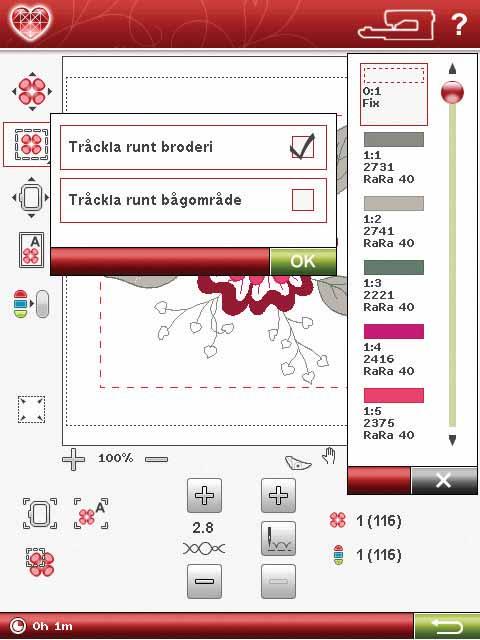 TRÅCKLA I BRODERBÅGEN Tråckelsömmen tråcklar fast tyget på det mellanlägg som är spänt i broderbågen. Detta är extra användbart vid brodering på tyg som inte går att spänna fast i broderbågen.