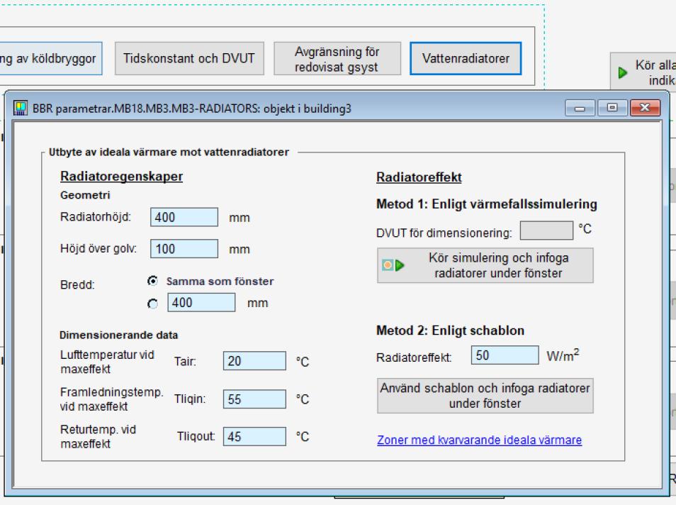 Figur 8. Efter val av radiatorernas geometri och vid vilka temperaturer dimensionerad effekt ska gälla för, finns det två metoder för att sätta radiatoreffekten, se metodbeskrivning nedan.