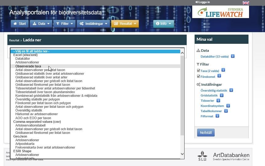 vi valt tabellen Observerade taxa). Välj nu filformat och ev.