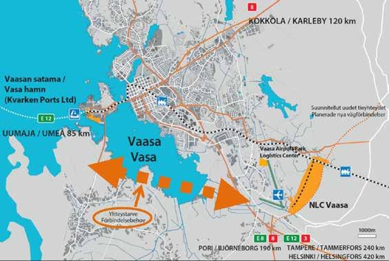 VASAREGIONENS LIVSKRAFT I NULÄGET BILD 23. Kartbilden visar flygplatsens, hamnens, NLC Vaasas och Airport Logistics Centers läge samt behovet av en ny hamnvägsförbindelse.