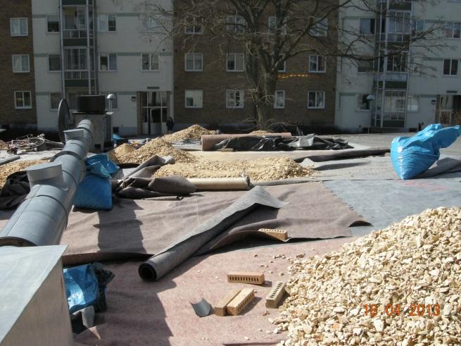 arbetsstyrka. Anläggandet av taket på torget tog längre tid än beräknat, mycket beroende på den omsorg som behövdes för att följa skissen, och sannolikt p.g.a. ovana av oss som installatörer av ett biodiversitetstak.