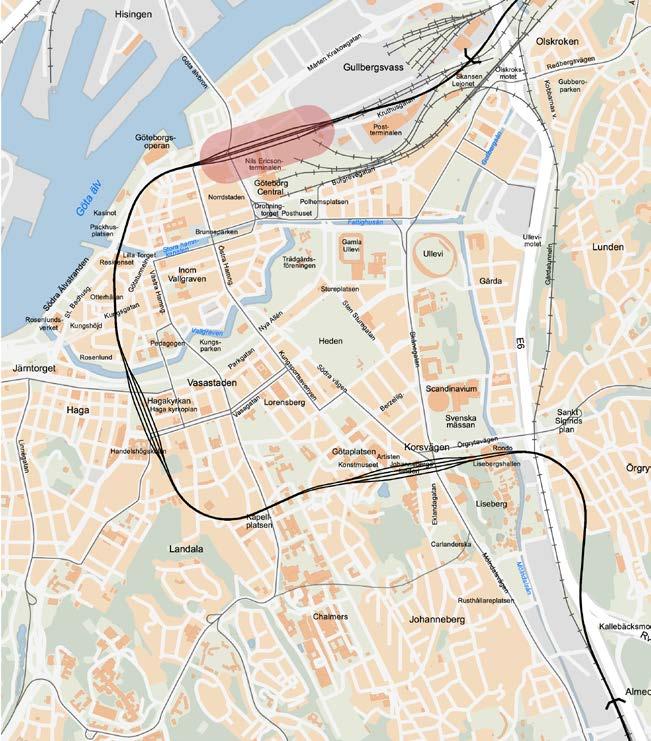 Läge, areal och markägoförhållanden Översiktsbild av Västlänkens sträckning genom Göteborg med stationer vid centralstationen, Haga och Korsvägen.