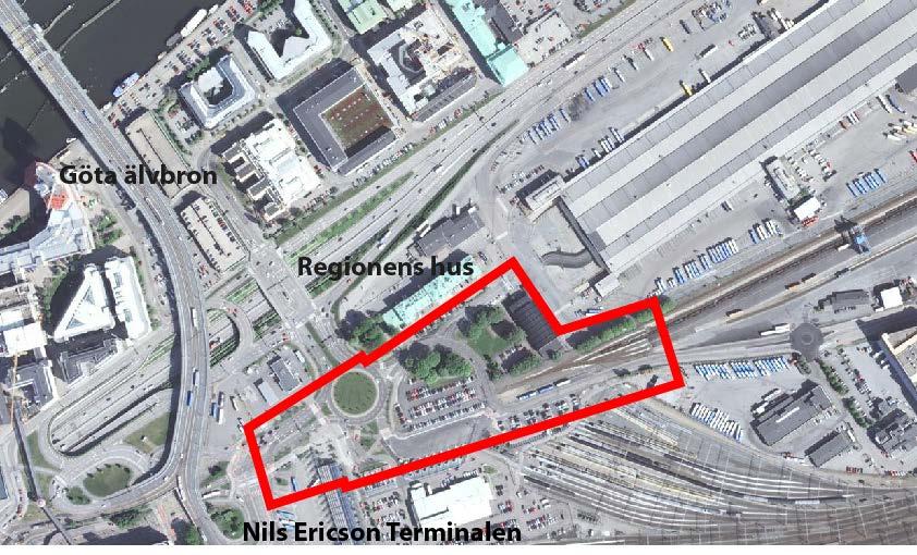 Flygfoto med planområdet markerat med röd linje. Planområdet omfattar cirka 4 hektar. Göteborgs Stad äger merparten av marken inom planområdet.