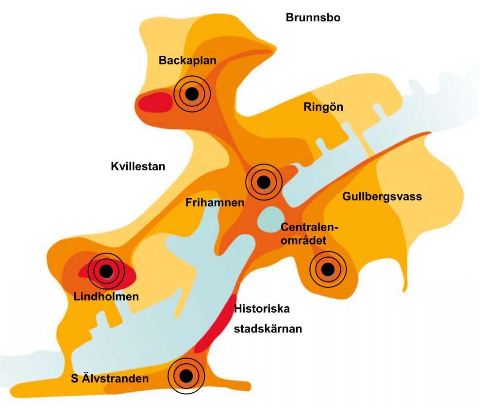Översiktsbild av området som ingår i Vision Älvstaden. Planområdet ligger inom det område som betecknas som Centralenområdet på bilden.