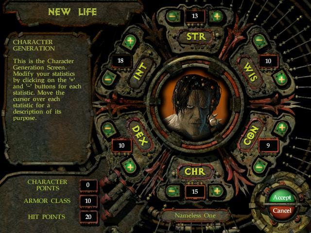 Figur 1 Karaktärsskapande i Planescape: Torment (Black Isle Studios 1999). Fördelarna med dessa två tekniker i karaktärsskapande är tydliga.