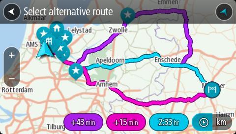 Tips! Information från tjänsten TomTom Traffic används vid beräkning av alternativa rutter. En rutt som tar 50 % längre tid än originalrutten visas inte. 5. Markera den valda rutten genom att trycka på tidsballong.