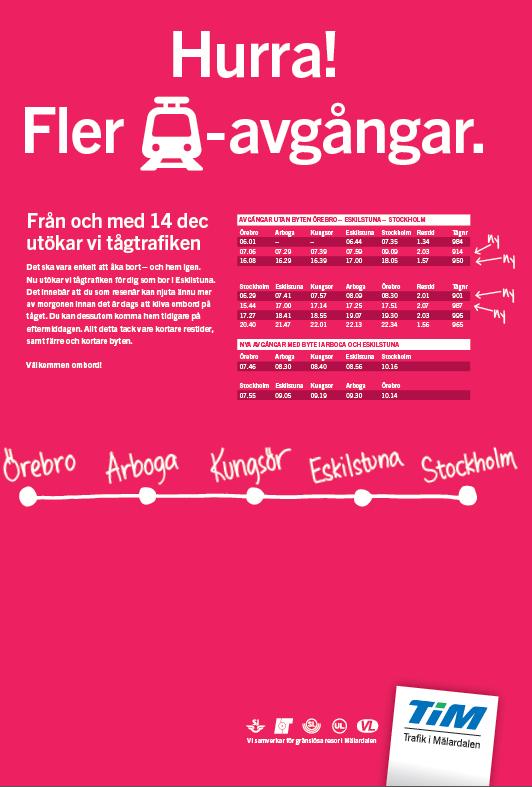 2014 Marknadsföring av utökad trafik Inför tidtabellsåret 2015 köpte MÄLAB till fler avgångar av SJ på sträckan Örebro Arboga Eskilstuna.