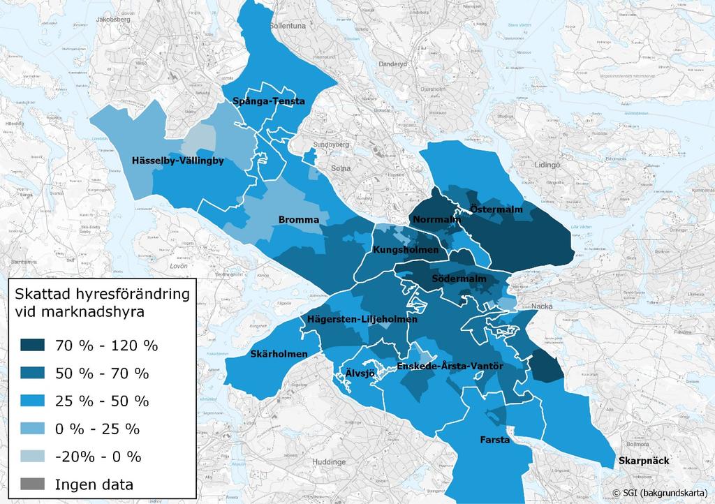 Marknadshyror för hyreslägenheter i Stockholms län 22 av 39 Spridningen i förväntad hyreshöjning skiljer sig mellan stadsdelarna i Stockholms kommun (Figur 14).