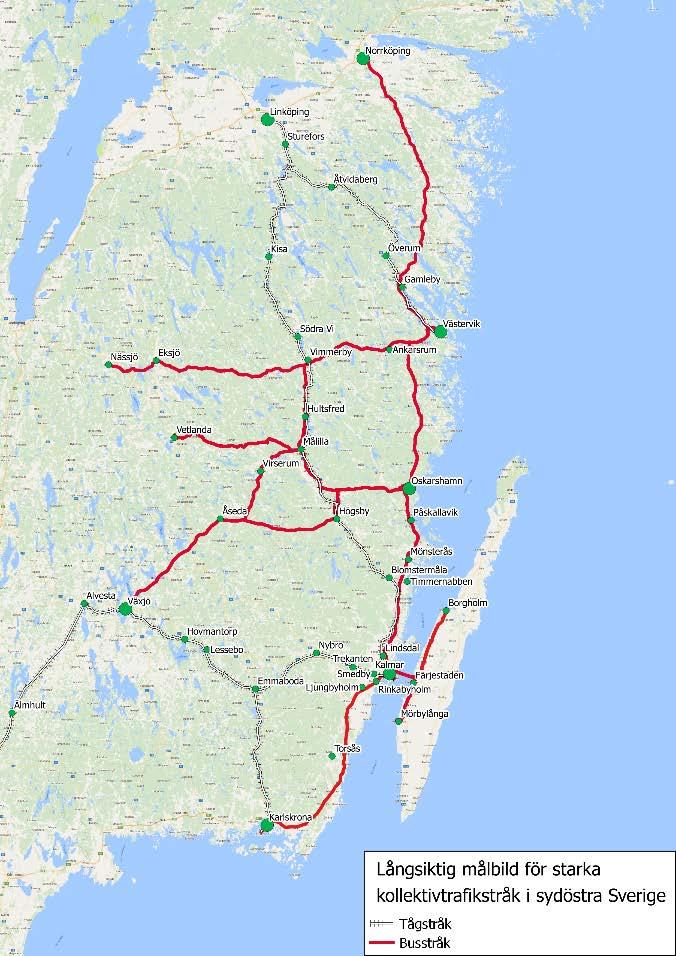 73 Figur 83. Långsiktig målbild för starka kollektivtrafikstråk Figur 83 visar en tänkt framtida sträckning av de starka kollektivtrafikstråken.