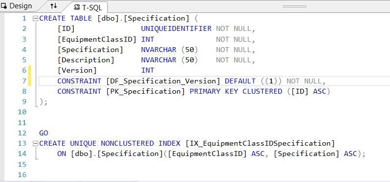 Figur 4: T-SQL tabell Den här tabellen som resterande tabeller har innehåller hundratals rader. Vissa tabeller är starka och har unik data, medan vissa är svaga och hämtar data från andra tabeller.