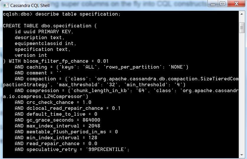 Figur 9: Cassandra CQL Shell Som i relationsdatabaser var data tvungen att matas in i kolumnerna (tabellerna).