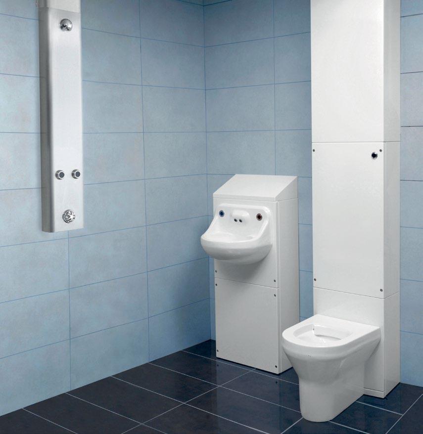LÖSNINGAR FÖR DET KOMPLETTA RUMMET Komplett rum med duschpanel, tvättställs- och WC-modul för högriskmiljö.
