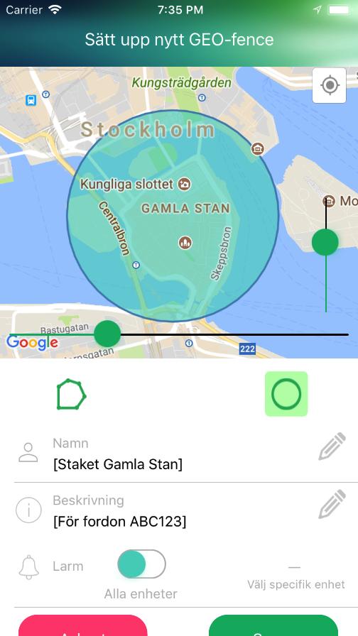 Geografiska stängsel Med appen kan du ställa in ett geografiskt stängsel.