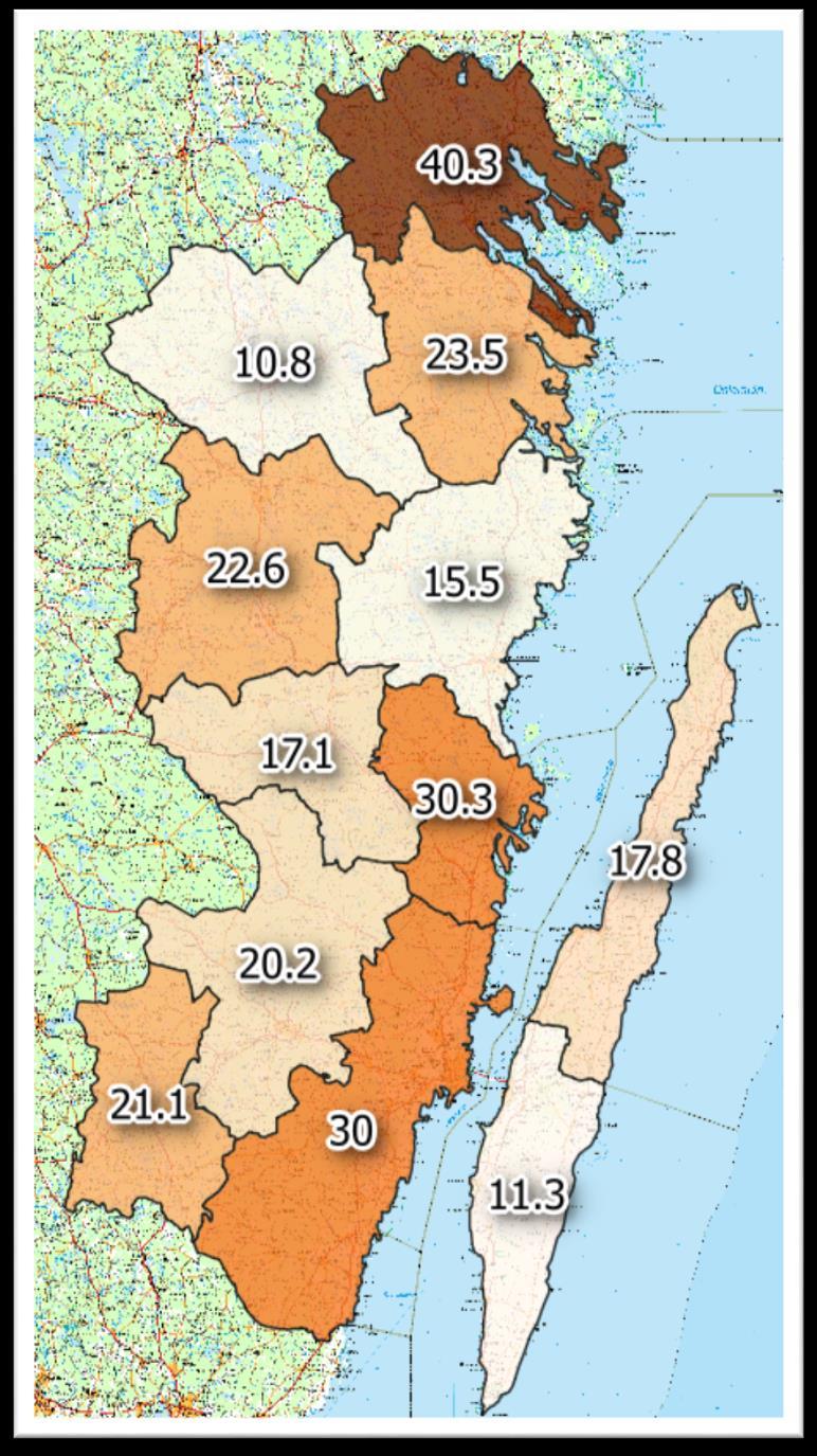 Avskjutning klövvilt (ej älg) Kalmar län 2016/2017 Avskjutningen av klövvilt inom Kalmar län varierar mellan 10.8 till 40,3 vilt per 1000 ha.