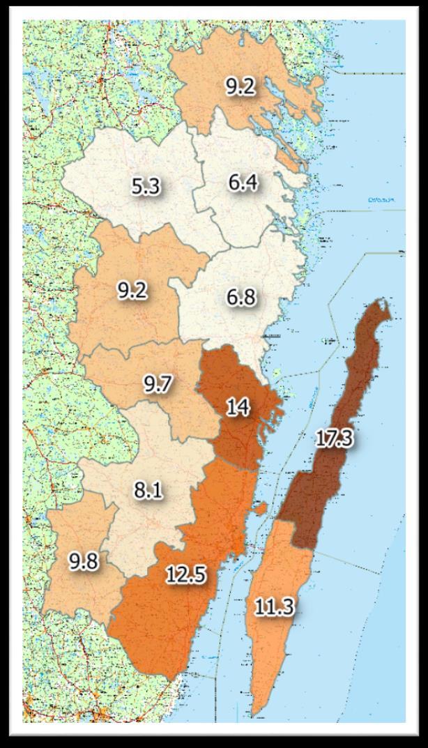 Antal Avskjutning rådjur Kalmar län 2016/2017 Rådjursavskjutningen i länet har de senaste åren varit stabil och ligger årligen på ca 8-9 rådjur per 1000 ha.