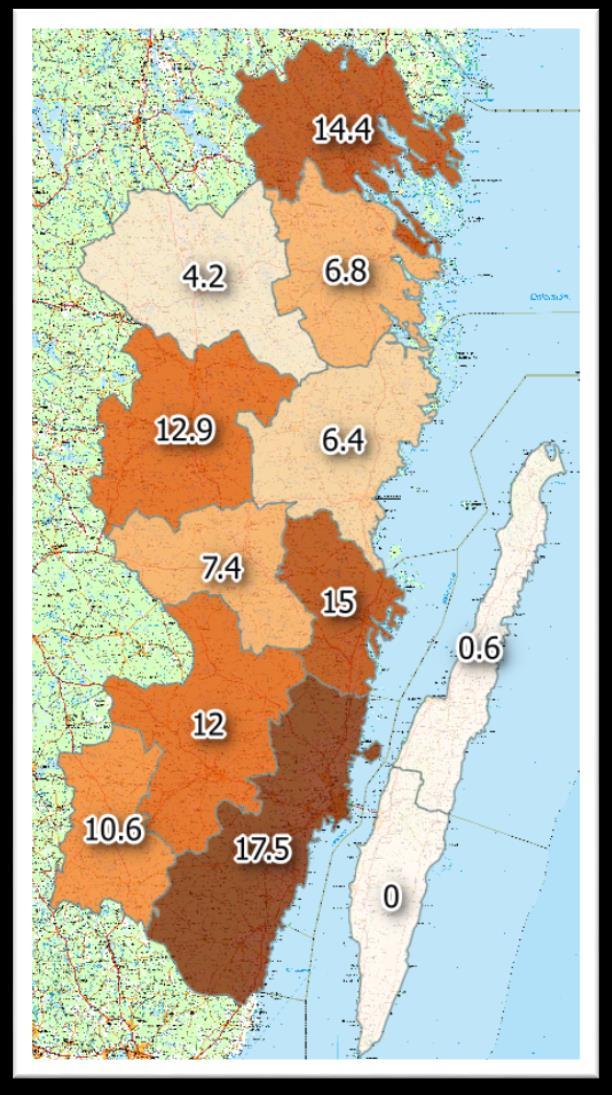 Antal Avskjutning vildsvin Kalmar län 2016/2017 Vildsvinen är etablerade i hela länet förutom på Öland där det är en sporadisk förekomst.