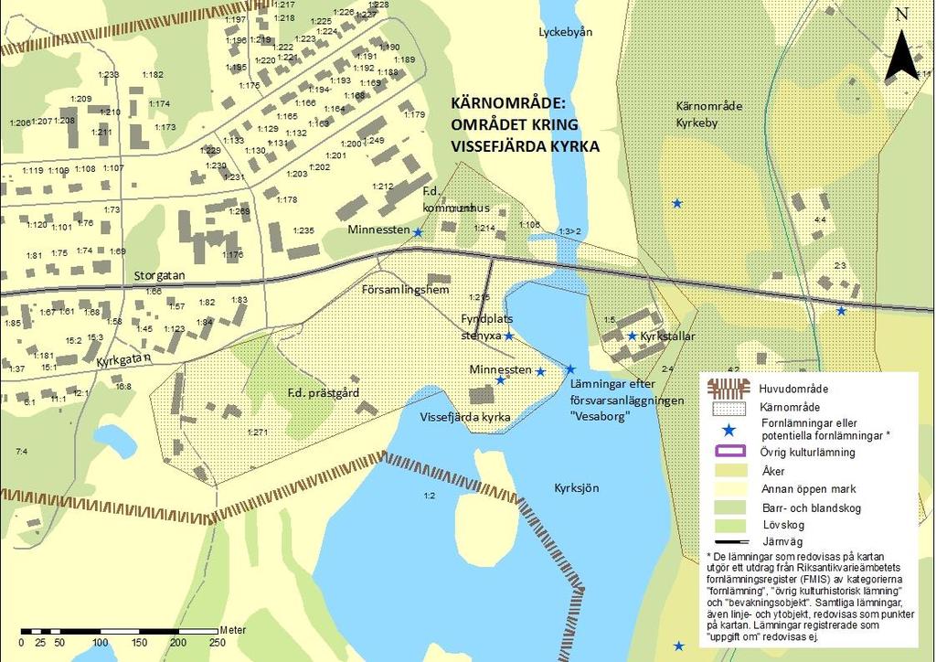 Karta över kärnområdet kring Vissefjärda kyrka. Kärnområde kring Vissefjärda Kyrka Kärnområdet är beläget där Lyckebyån rinner in i Kyrksjön.
