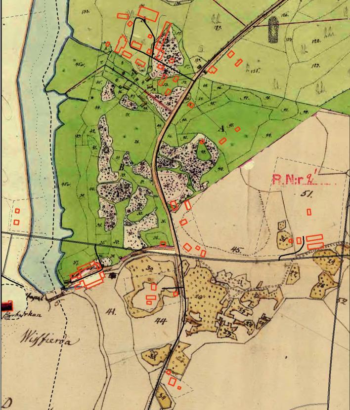 Utsnitt av två sammanfogade kartor, 1803 års storskifteskarta över Södra Kyrkeby och 1830 års laga skifteskarta över Norra Kyrkeby.