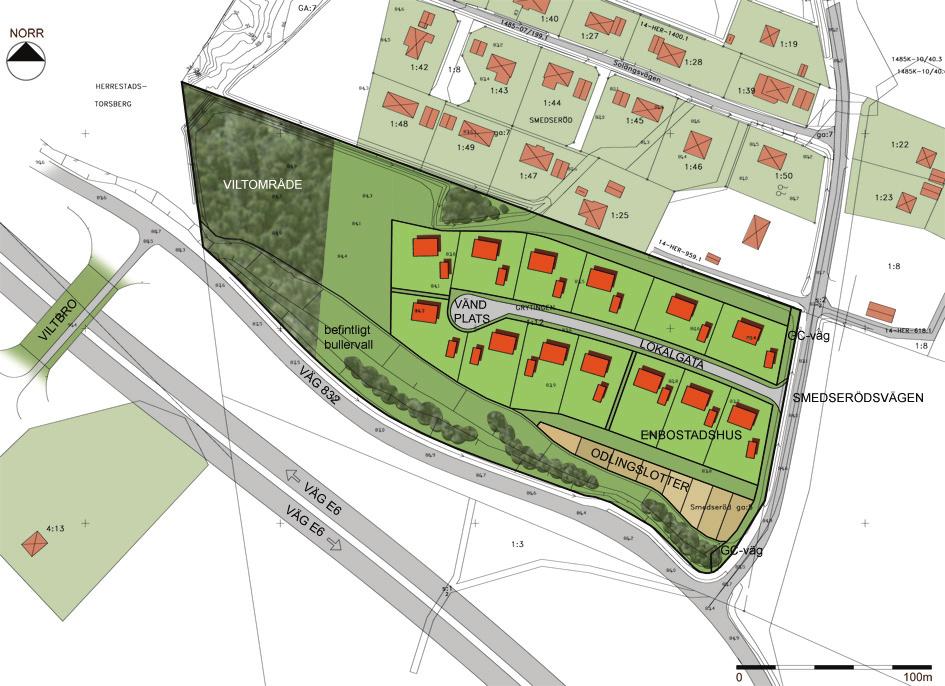 Planillustration - illustrerad byggnad och tomtgräns, ej juridiskt bindande Byggnaderna ligger samlade på tomten i djupled vilket ger fria ytor mot grannar i norr och väg 832 i söder.