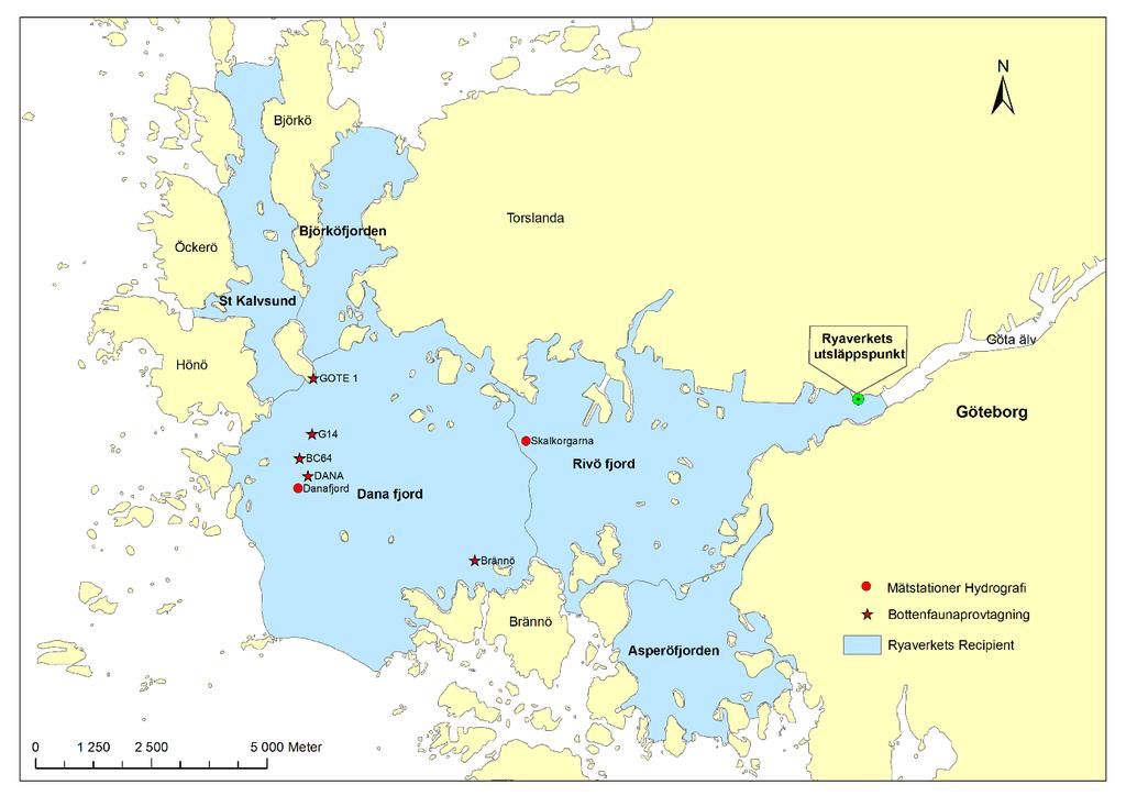 Figur 1. Karta över Ryaverkets påverkansområde (recipienten) vilket i denna utredning representeras av vattenförekomsterna Asperöfjorden, Rivö fjord, Danafjord, Stora Kalvsund och Björköfjorden.