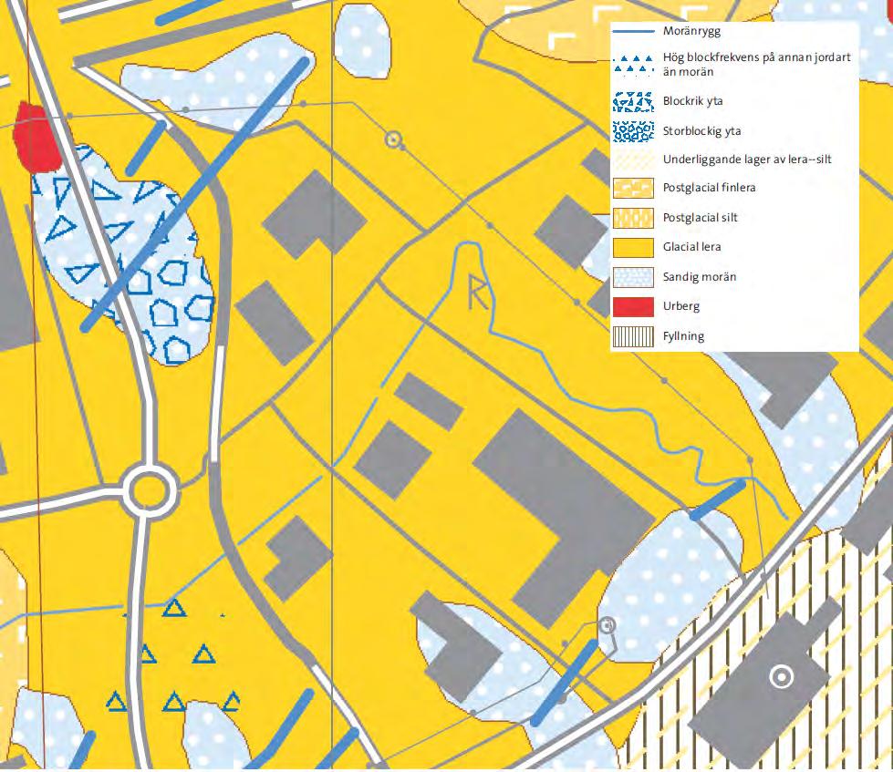 Figur 4.2 Del av jordartskarta över området, se bilaga A1, Källa SGU.