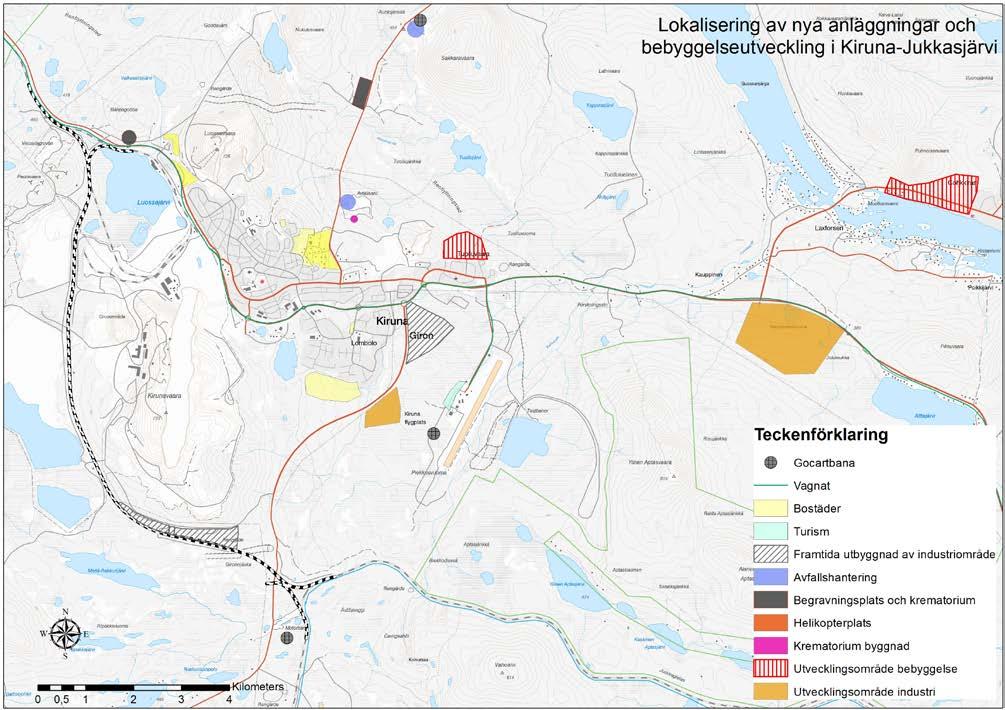 verksamhetsområde/småindustriområde mellan Kiruna och flygplatsen öster om väg 870 föreslås. Området kan inte tas i anspråk innan en fastställd järnvägssträckning är beslutad in till nya centrum.