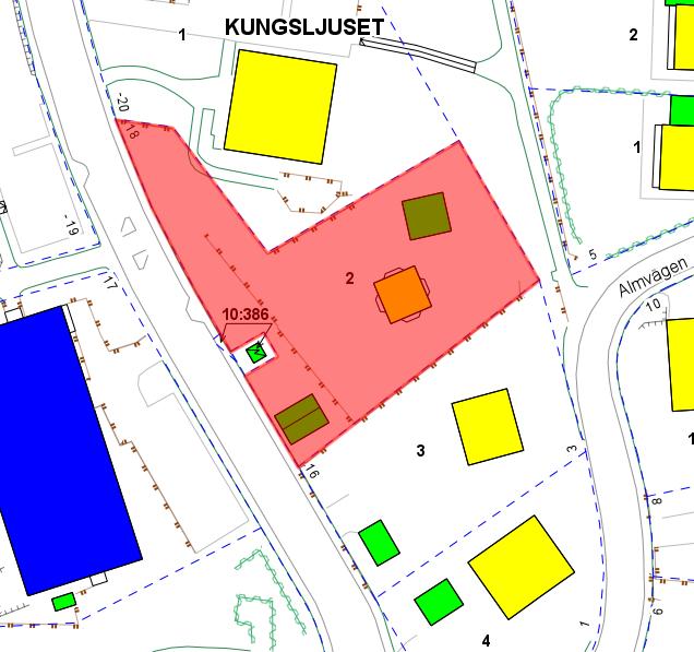 Fastigheten Kungsljuset 2 är rödmarkerad med vattentornet centralt på fastigheten. Geografisk avgränsning och markägoförhållanden Fastigheten är 2191,5 kvm stor och ägs av Lidingö stad.