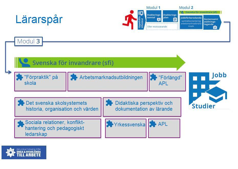 12 Modul 3 Lärarspåret är modulen som kommunen alternativt kommunerna tillsammans med Arbetsförmedlingen, och vid behov även andra aktörer, tar fram genom en lokal överenskommelse (LÖK).