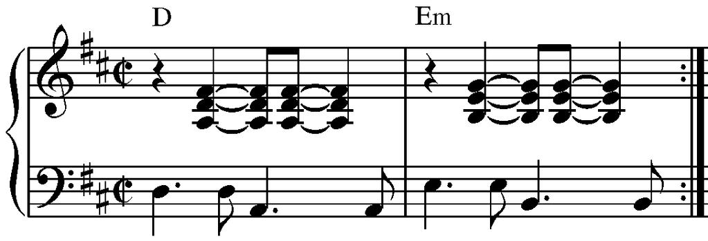 Exempel 3. Bossa nova, modifierad. Orgelns tillgång gentemot pianot är att det finns en musiker till, nämligen fötterna.