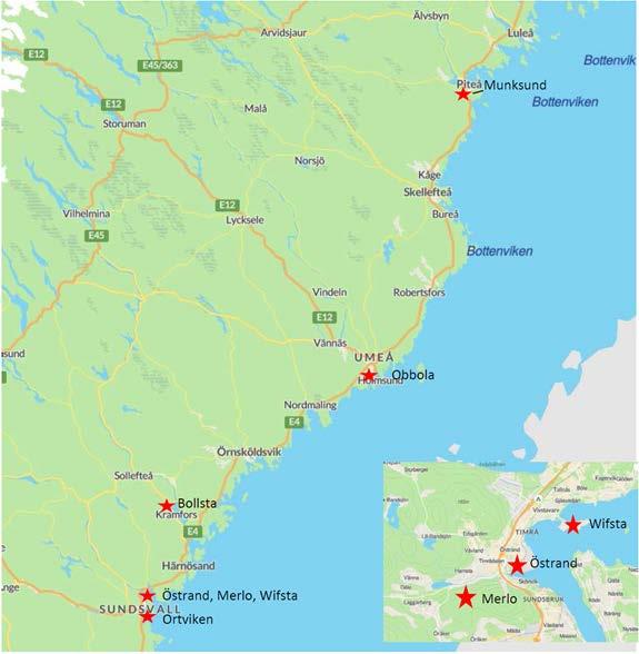 7 Figur 1 Lokaliseringsalternativ som identifierats för ett nytt bioraffinaderi Alternativ som förkastats eftersom det saknas tillgång till svartlut är Bollsta, ett av SCAs största sågverk och