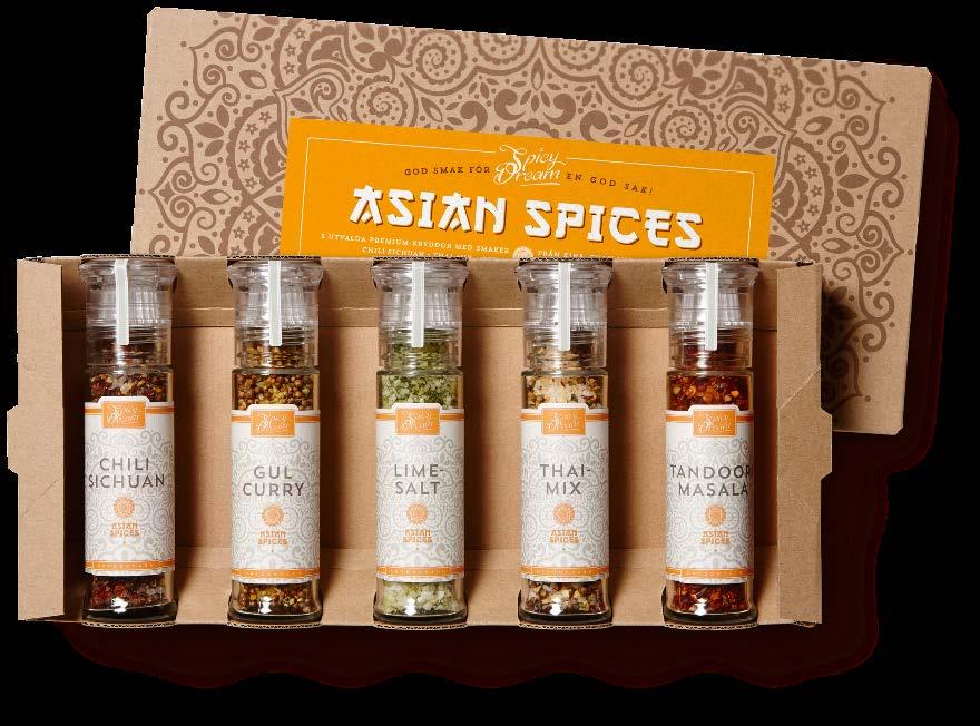 Asian Spices Asian Spices paketet innehåller fem kryddmixer från olika delar av Asien: Chili Sichuan-Gul Curry-Lime salt-thaimix-tandoori Masala Chili Sichuan Stark kinesisk blandning med pepprig,