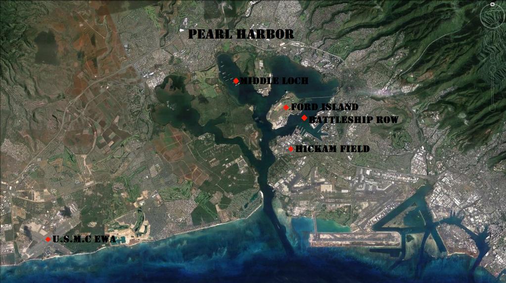 Karta över Pearl Harbor hamn och dess närområde.
