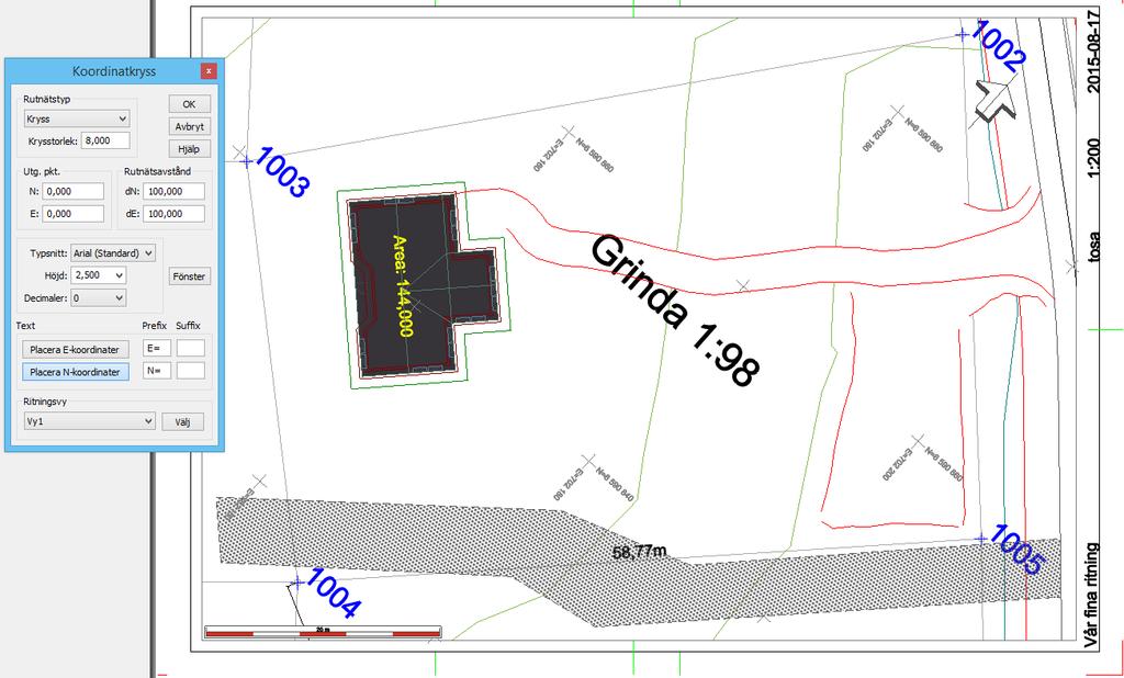 12. För att visa koordinater för rutnätet (kryss eller markör) gå till kommandot Koordinatkryss. 13. Klicka på Placera E- resp N-koordinater.