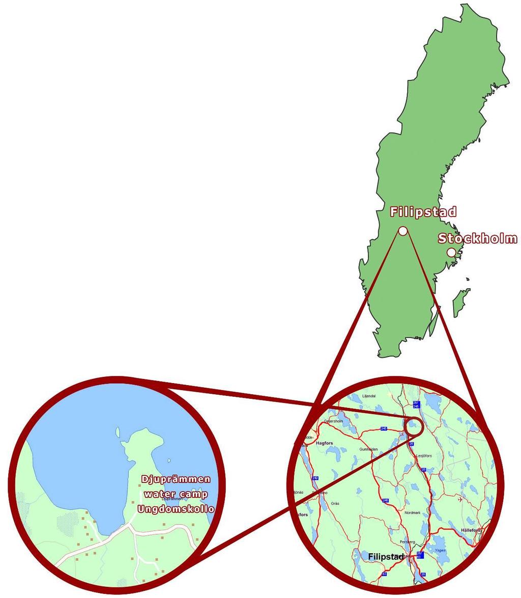 DJUPRÄMMEN WATER CAMP UNGDOMSKOLLO Området vid kollogården består av en stor sjö med mycket skog och mark samt åar och vattendrag.