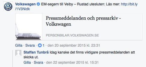 I bilden ovanför ges ett exempel på detta tema där Volkswagen skrev om deras Instagramkonto apropå bilden som inlägget handlade om, en bilutställning i Frankfurtsalongen.