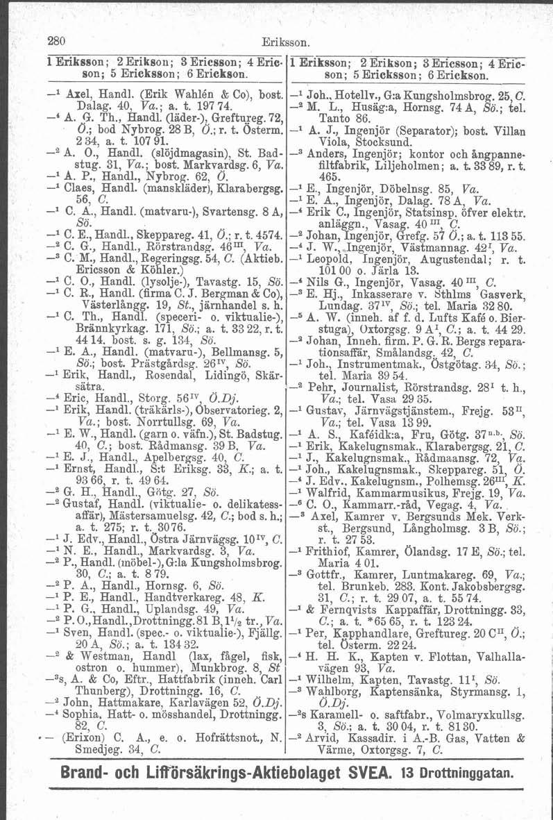 280 Eriksson. mksson; 2 Erikson; 3 Ericsson; 4 Eric- miksson; 2 Erikson; 3 Ericsson; 4 Erioson; 5 Ericksson; 6 Erickson. son; 5 Ericksson ; 6 Erickson. -l Axel, Handl. (Erik Wahlén Co), bost. -l Joh.