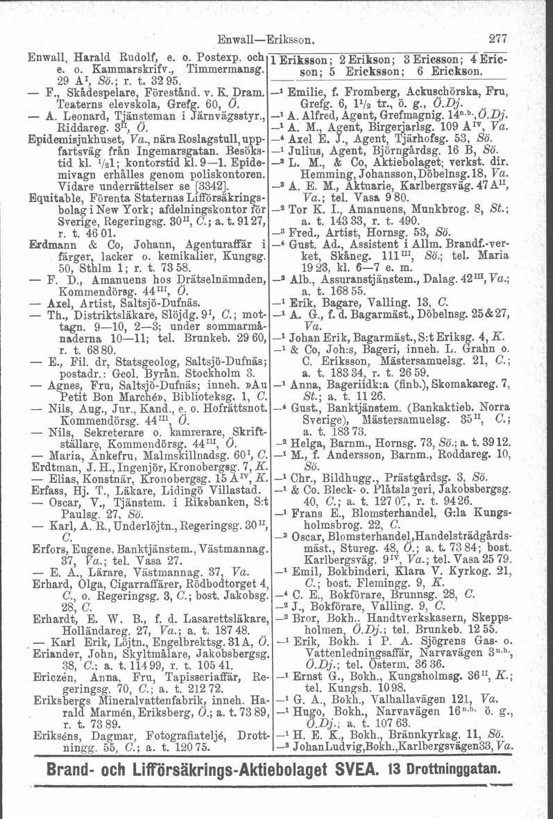 Enwall, Harald Rudolf, e. o. Postexp. och e. o. Kammarskrifv., Timmermansg. 29 A1, So.; r. t. 3295. - F., Skådespelare, Förestånd. v. E. Dram. Teaterns elevskola, Grefg. 60, 0. - A.