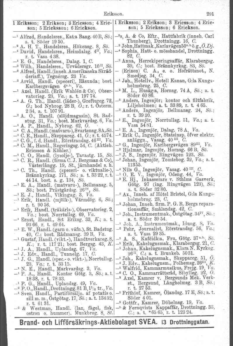 Eriksson. 291 1 Eriksson; 2 Erikson; 3 Ericsson; 4 Eric 1 Eriksson; 2 Erikson; 3 Ericsson: 4 Ericson; 5 Ericksson; 6 Erickson. son; 5 Ericksson; 6 Erickson. _I Alfred, Handelsres., Kat:a Bang.