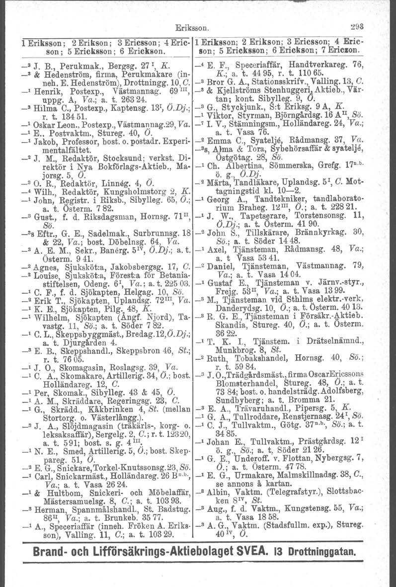Eriksson. ~93 1 Eriksson; 2 Erikson, 3 Ericsson; 1Erie 1 Eriksson; 2 Erikson; 3 Ericsson; 4 Ericson; 5 Erick880n; 6 Erickilon. 80n; 5 Ericksson; 6 Erickson; 7 Ericson.. _s J. B., Perukmak., Bergsg.