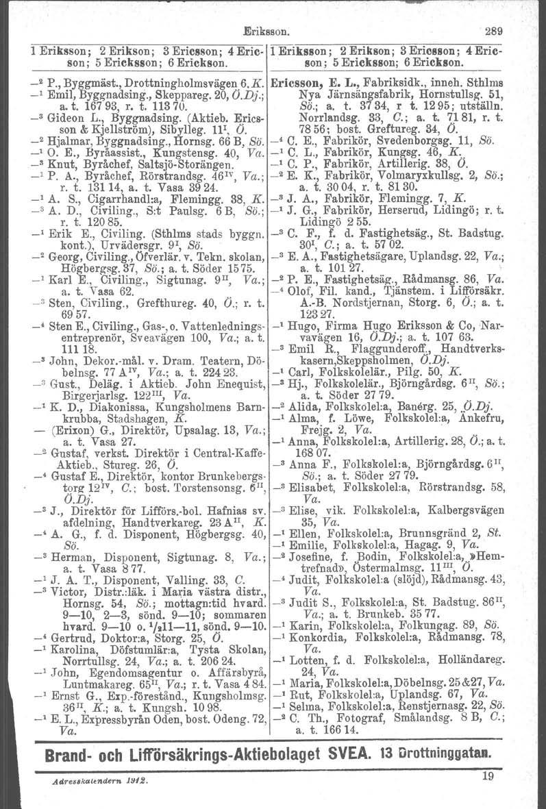 Eriksson. 289 1 Eriksson; 2 Erikson ; 3 Ericsson; 4 Eric 1 Eriksson; 2 Erikson ; 3 Ericsson; 4 Ericson; 5 Ericksson; 6 Erickson. I son; 5 Erieksson: 6 Eriekson. _2 P., Byggmäst.