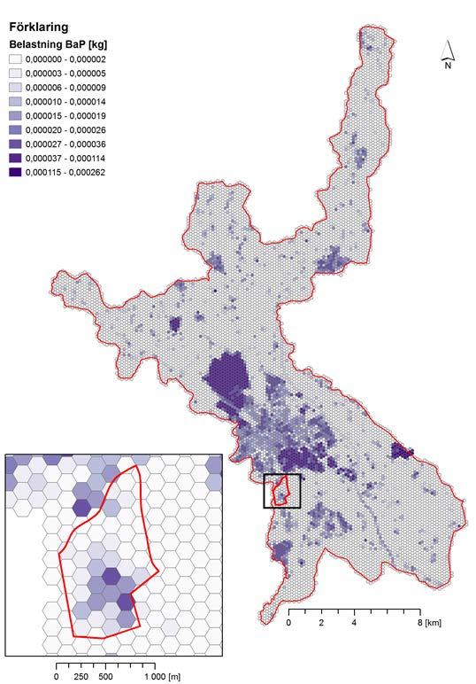 Figur 22. Beräknad diffus vardagsbelastning av benso(a)pyren (BaP), uttryckt som kilogram per hexagon (26 000 m 2 ).