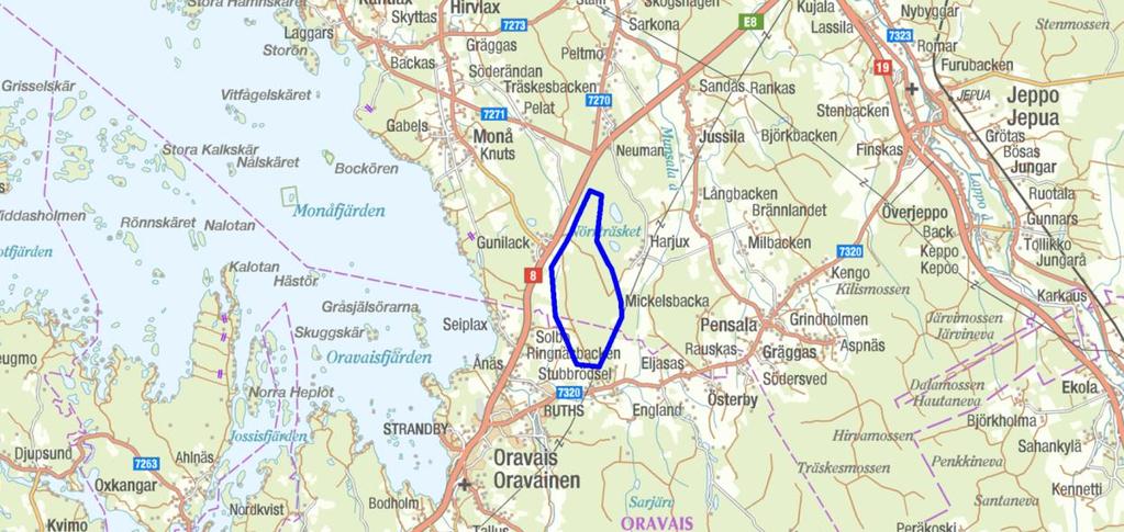 2 (17) 2 Planeringsområde Planeringsområdet befinner sig i Österbotten i Vörå kommun vid gränsen mellan Vörå kommun och Nykarleby stad, öster om riksväg 8.