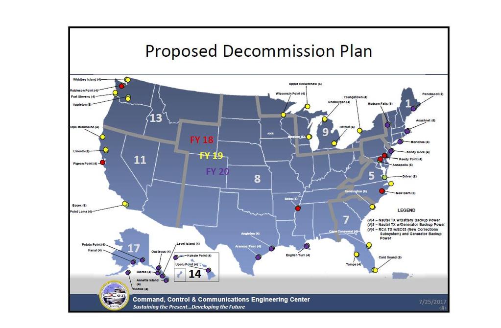 Figur 6: En föreslagen nedläggningsplan för de fasta referensstationerna i den amerikanska DGPS-tjänsten NDGPS har lagts fram. Bild: U.S. Coast Guard, Command, Control and Communications Engineering Center.