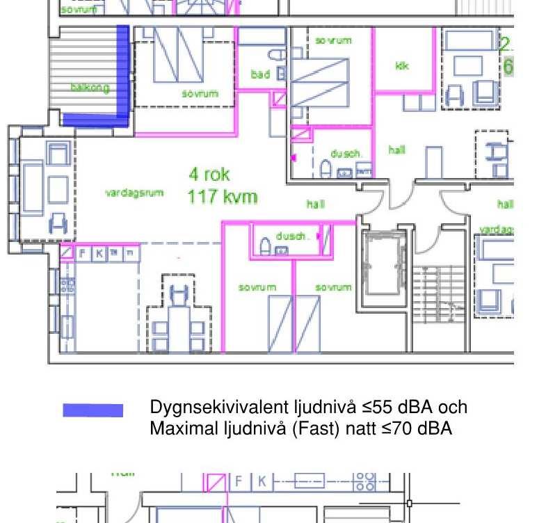 Figur 24. Principlösning för hörnlägenheter mot Strandgatan för att kunna uppfylla riktvärdet 55 dba ekvivalent och 70 dba maximal ljudnivå för minst hälften av bostadsrummen.