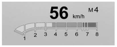 140 INSTRUMENT OCH REGLAGE Metric (metriska) Performance View (Prestandavy) : Här visas hastighetsmätarvärde, varvtalsvärde, växelläge och växlingsindikator.