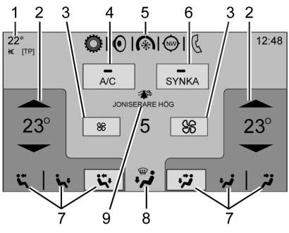 Avimning av bakrutan 5. Defroster 6. OFF (fläkt) 7. Recirkulation 8. AUTO (automatisk drift) Klimatanläggningens pekskärmsreglage 1. Visning av yttertemperatur 2.
