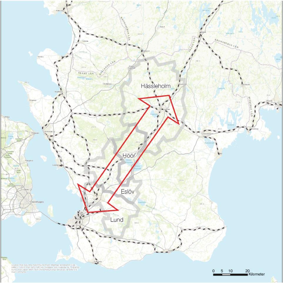 Stegvis utbyggnad av Södra stambanan Höghastighetsbana delen Lund - Hässleholm Sidan 16 av 30 Figur 8. Kommunerna i stråket Lund Hässleholm.